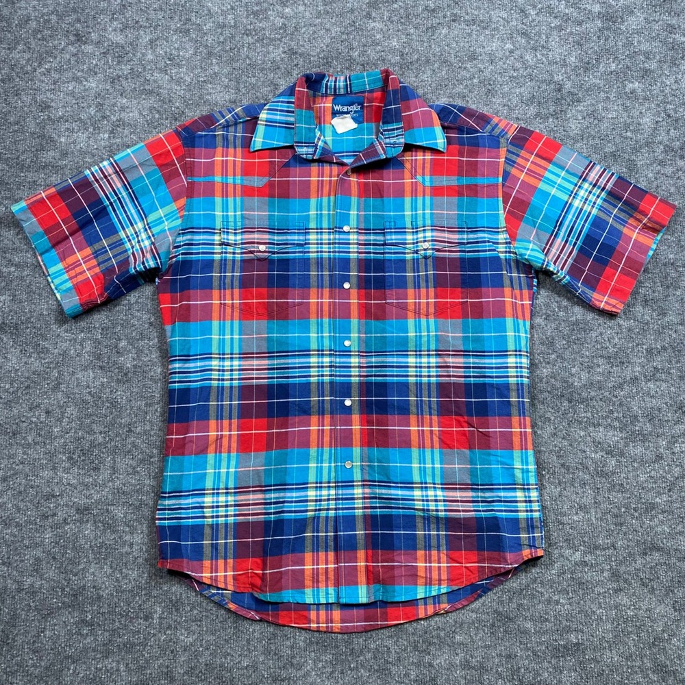 Wrangler Western Shirt Mens Large Multicolor Plaid Pearl Snap Short Sleeve Vtg